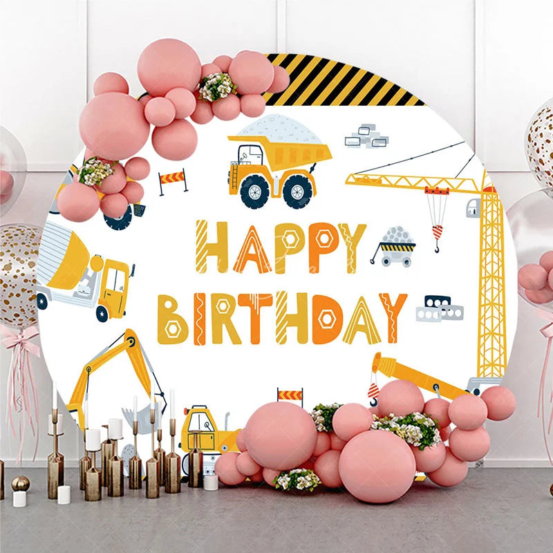 Lofaris Construction Vehicles Happy Birthday Round Backdrop Excavator Crane and Truck Boy Background