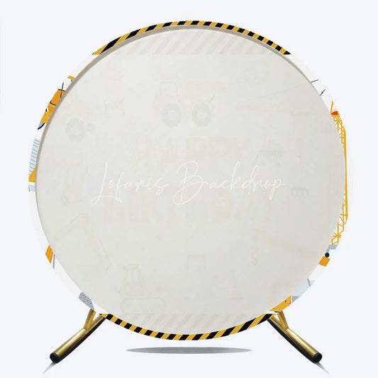 Lofaris Construction Vehicles Happy Birthday Round Backdrop Excavator Crane and Truck Boy Background