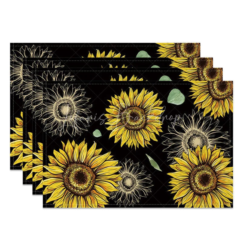 Lofaris Country Style Black Sunflower Set of 4 Placemats for Modern Farmhouse and Rustic Kitchen Decor