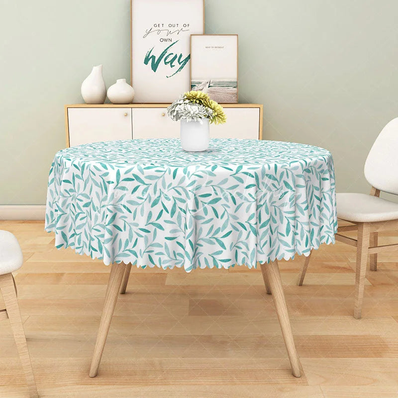 Lofaris Country Style Round Tablecloth with Green Leaf Motif on White for Rustic Farmhouse Kitchen Dining