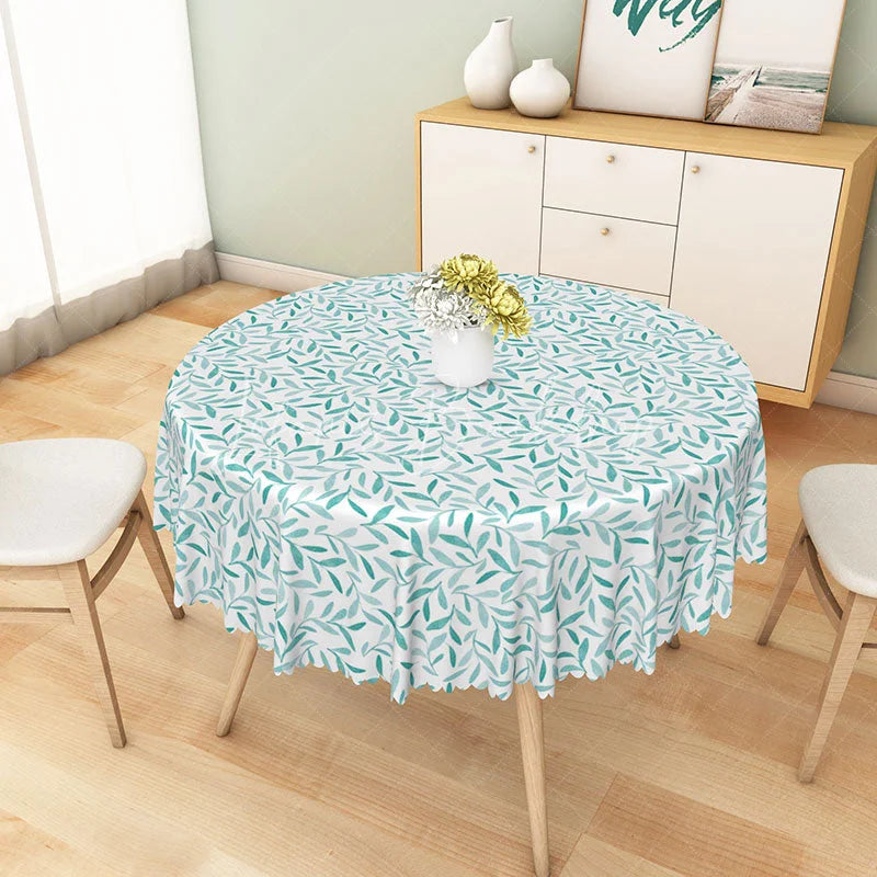Lofaris Country Style Round Tablecloth with Green Leaf Motif on White for Rustic Farmhouse Kitchen Dining