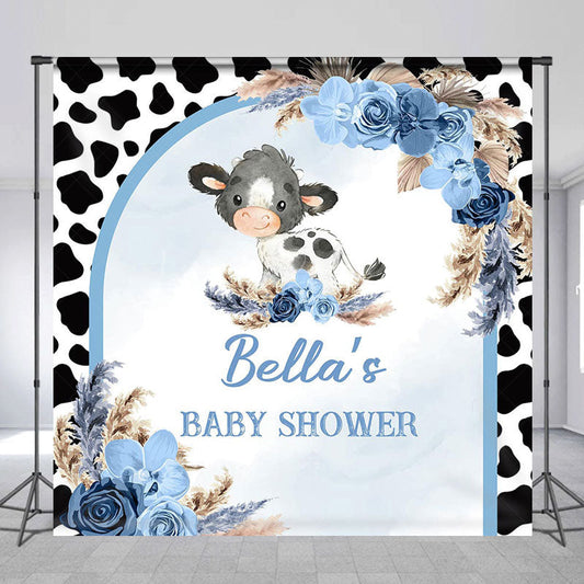 Lofaris Cow Print Boho Floral Custom Name Baby Shower Backdrop