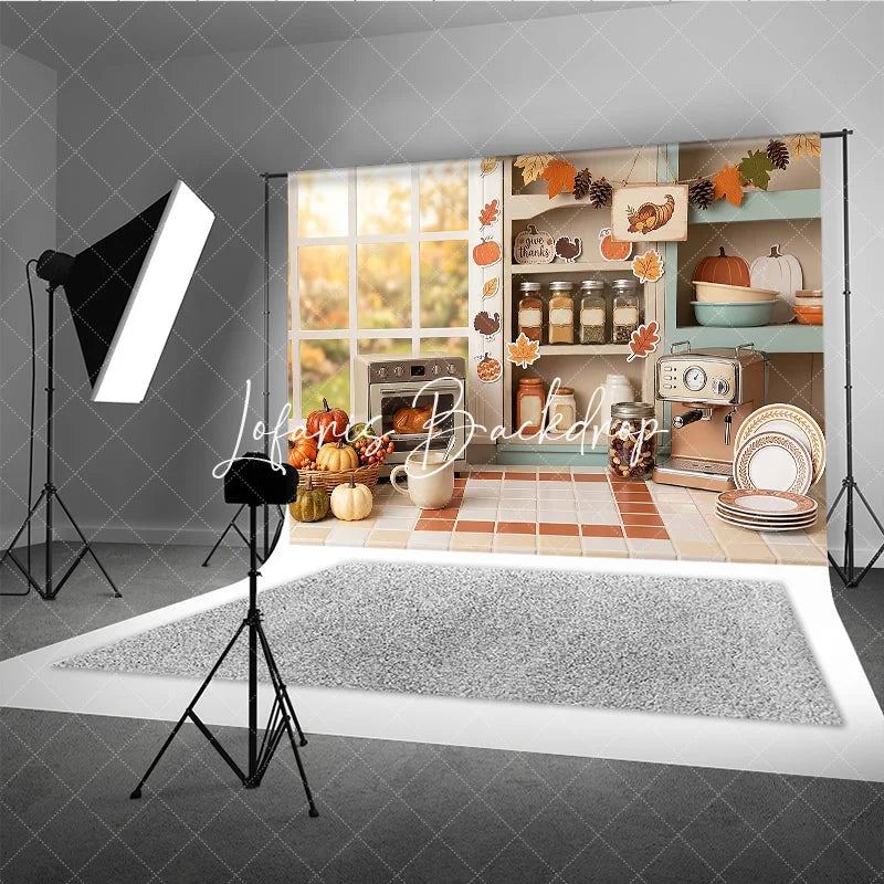 Lofaris Cozy Autumn Kitchen Window Photography Backdrop with Thanksgiving Pumpkins and Roasted Turkey Fall Harvest Decor
