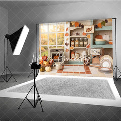 Lofaris Cozy Autumn Kitchen Window Photography Backdrop with Thanksgiving Pumpkins and Roasted Turkey Fall Harvest Decor