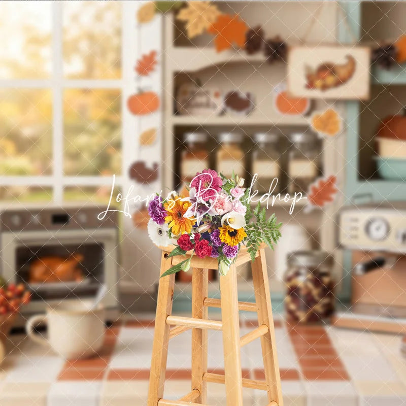 Lofaris Cozy Autumn Kitchen Window Photography Backdrop with Thanksgiving Pumpkins and Roasted Turkey Fall Harvest Decor