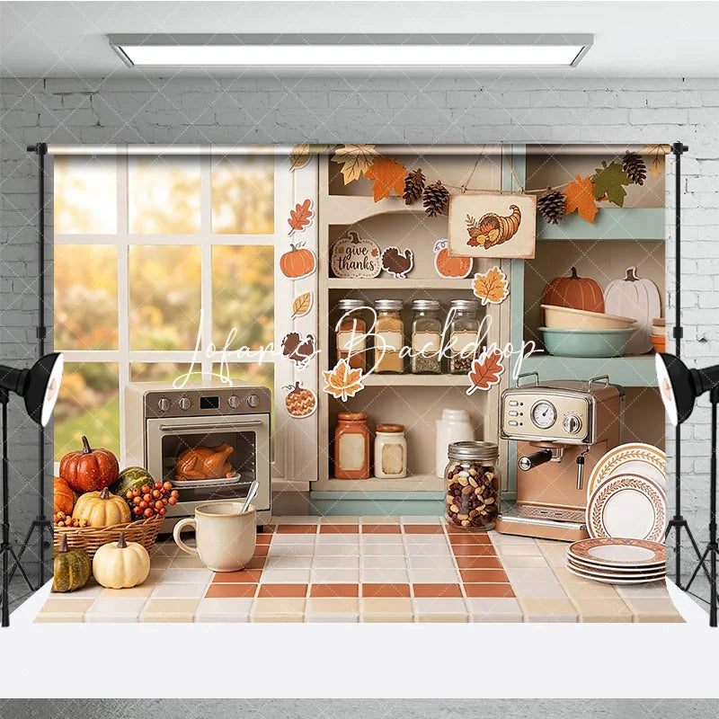 Lofaris Cozy Autumn Kitchen Window Photography Backdrop with Thanksgiving Pumpkins and Roasted Turkey Fall Harvest Decor