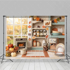 Lofaris Cozy Autumn Kitchen Window Photography Backdrop with Thanksgiving Pumpkins and Roasted Turkey Fall Harvest Decor