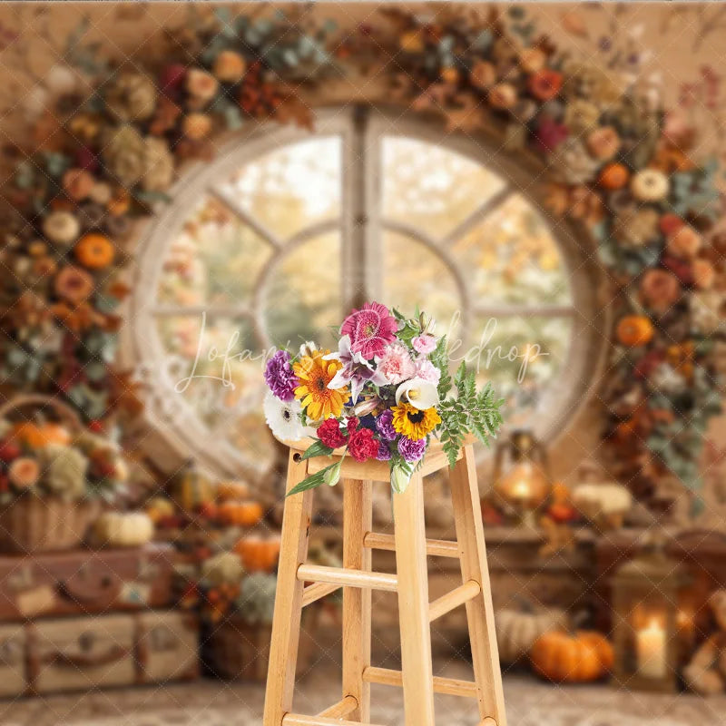 Lofaris Cozy Autumn Round Window Photography Backdrop with Pumpkins Floral Garland and Teddy Bears for Fall Decor