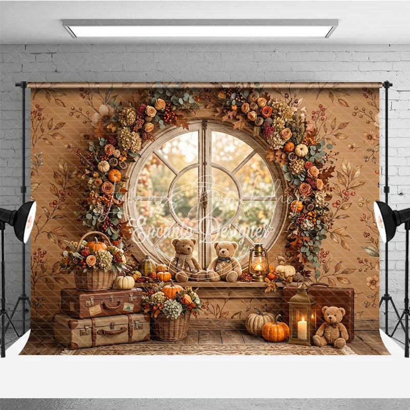 Lofaris Cozy Autumn Round Window Photography Backdrop with Pumpkins Floral Garland and Teddy Bears for Fall Decor