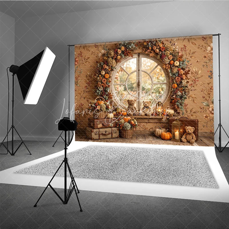 Lofaris Cozy Autumn Round Window Photography Backdrop with Pumpkins Floral Garland and Teddy Bears for Fall Decor