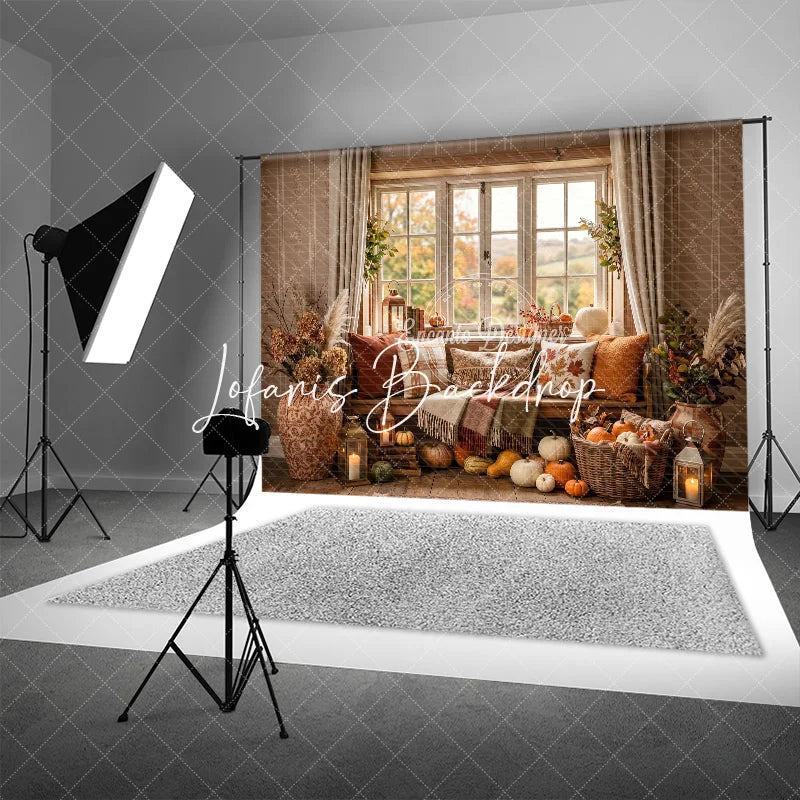 Lofaris Cozy Autumn Window Bench with Pumpkins and Fall Leaves Photography Backdrop Rustic Thanksgiving Harvest Decor