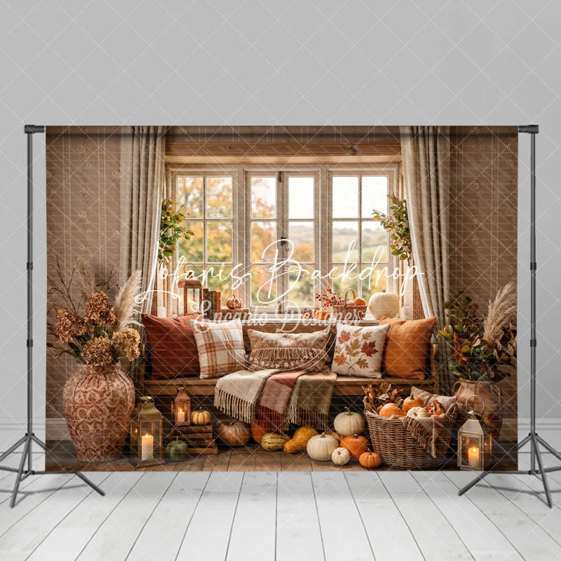 Lofaris Cozy Autumn Window Bench with Pumpkins and Fall Leaves Photography Backdrop Rustic Thanksgiving Harvest Decor