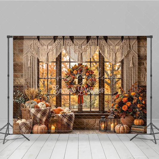 Lofaris Cozy Autumn Window Photography Backdrop with Macrame Valance Rustic Fall Wreath and Pumpkins Decor