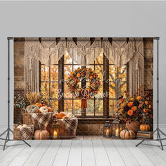 Lofaris Cozy Autumn Window Photography Backdrop with Macrame Valance Rustic Fall Wreath and Pumpkins Decor