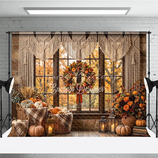 Lofaris Cozy Autumn Window Photography Backdrop with Macrame Valance Rustic Fall Wreath and Pumpkins Decor