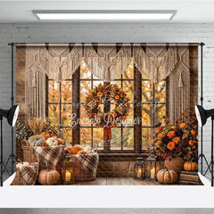 Lofaris Cozy Autumn Window Photography Backdrop with Macrame Valance Rustic Fall Wreath and Pumpkins Decor