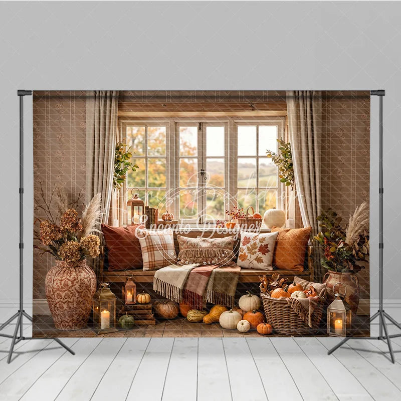 Lofaris Cozy Autumn Window Photography Backdrop with Pumpkins Fall Leaves and Rustic Decor for Harvest Season