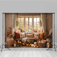 Lofaris Cozy Autumn Window Photography Backdrop with Pumpkins Fall Leaves and Rustic Decor for Harvest Season