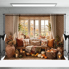 Lofaris Cozy Autumn Window Photography Backdrop with Pumpkins Fall Leaves and Rustic Decor for Harvest Season