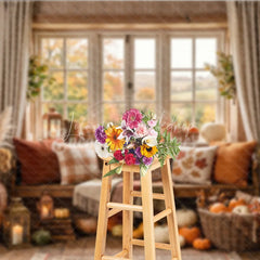 Lofaris Cozy Autumn Window Photography Backdrop with Pumpkins Fall Leaves and Rustic Decor for Harvest Season