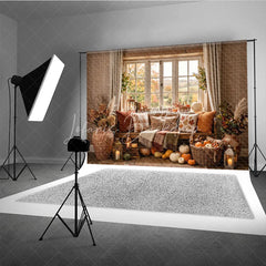 Lofaris Cozy Autumn Window Photography Backdrop with Pumpkins Fall Leaves and Rustic Decor for Harvest Season