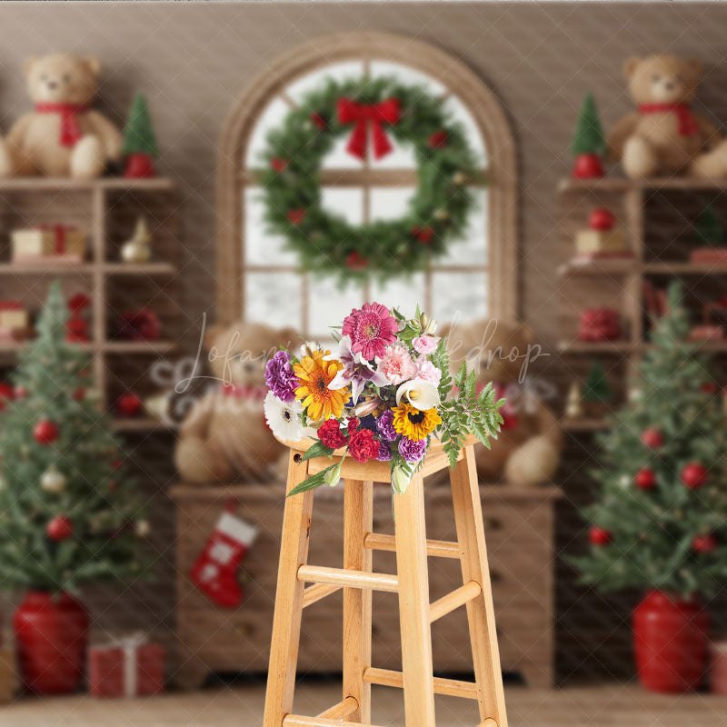 Lofaris Cozy Christmas Bookshelf Photography Backdrop Rustic Room with Teddy Bears Holiday Mini Session Background