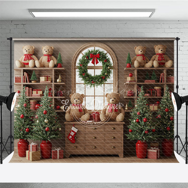 Lofaris Cozy Christmas Bookshelf Photography Backdrop Rustic Room with Teddy Bears Holiday Mini Session Background