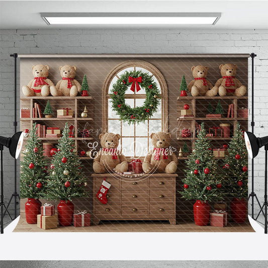 Lofaris Cozy Christmas Bookshelf Photography Backdrop Rustic Room with Teddy Bears Holiday Mini Session Background