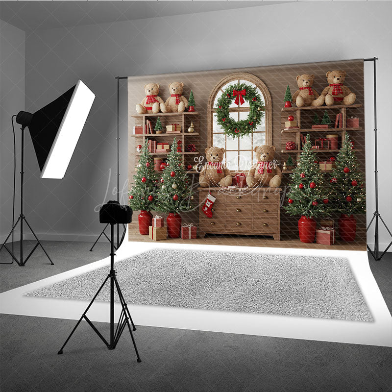 Lofaris Cozy Christmas Bookshelf Photography Backdrop Rustic Room with Teddy Bears Holiday Mini Session Background
