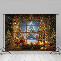 Lofaris Cozy Christmas Cabin Room Set Backdrop Snowy Window with Teddy Bears and Rustic Door Holiday Photo Studio