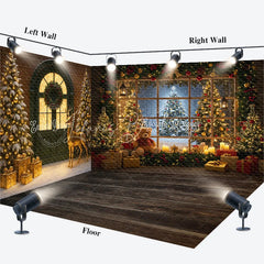 Lofaris Cozy Christmas Cabin Room Set Backdrop Snowy Window with Teddy Bears and Rustic Door Holiday Photo Studio