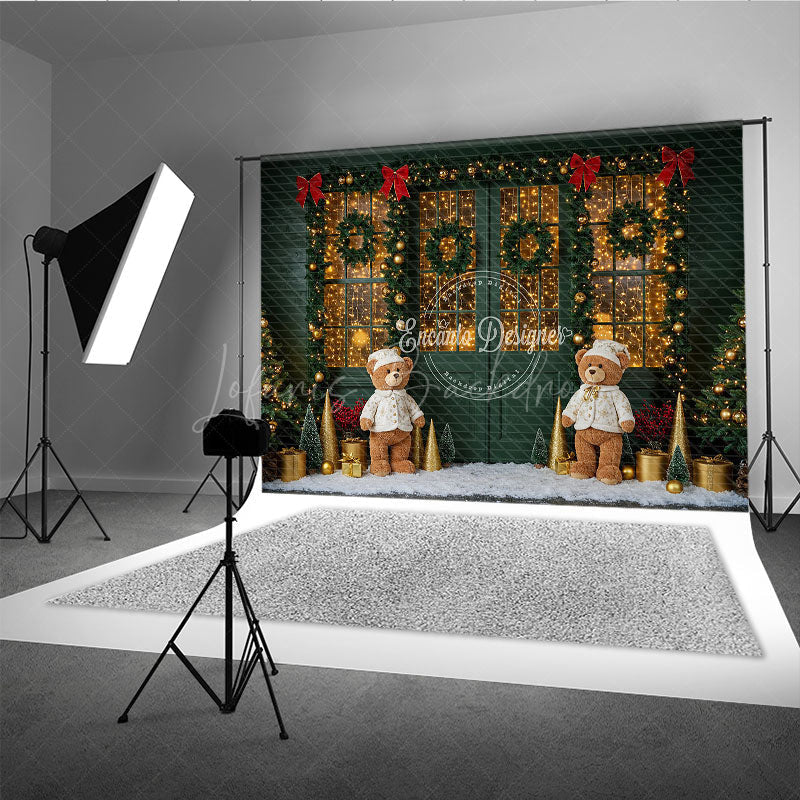 Lofaris Cozy Christmas Door Photography Backdrop Green with Teddy Bears and Snow Holiday Fairy Lights Background