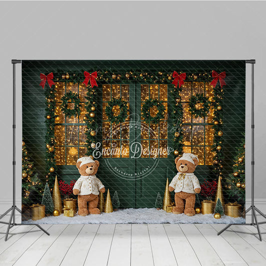 Lofaris Cozy Christmas Door Photography Backdrop Green with Teddy Bears and Snow Holiday Fairy Lights Background