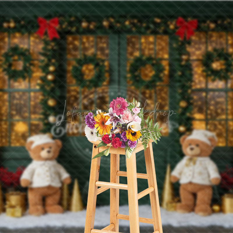 Lofaris Cozy Christmas Door Photography Backdrop Green with Teddy Bears and Snow Holiday Fairy Lights Background