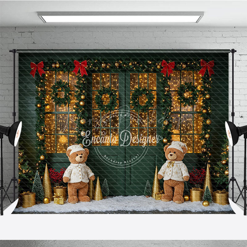 Lofaris Cozy Christmas Door Photography Backdrop Green with Teddy Bears and Snow Holiday Fairy Lights Background