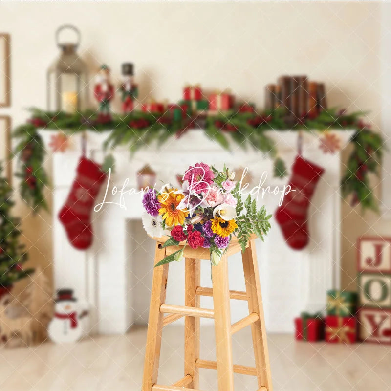 Lofaris Cozy Christmas Fireplace Holiday Backdrop Festive Stockings and Decorated Tree Winter Celebration Decor