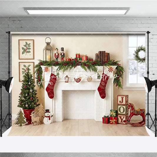 Lofaris Cozy Christmas Fireplace Holiday Backdrop Festive Stockings and Decorated Tree Winter Celebration Decor