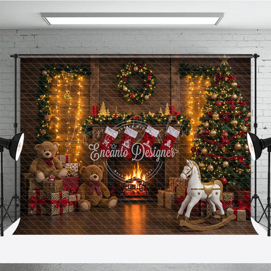 Lofaris Cozy Christmas Fireplace Photography Backdrop Rustic Mantle with Stockings Traditional Holiday Photo Background