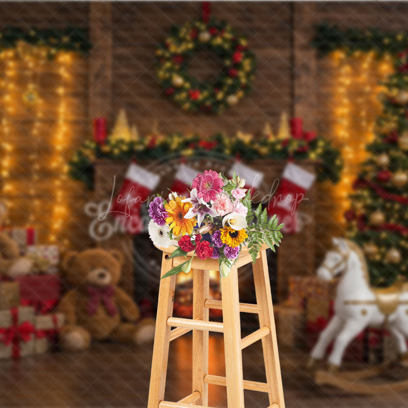 Lofaris Cozy Christmas Fireplace Photography Backdrop Rustic Mantle with Stockings Traditional Holiday Photo Background