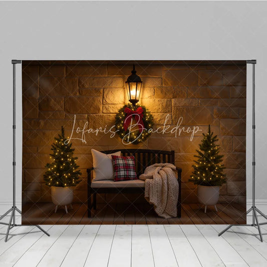 Lofaris Cozy Christmas Front Porch Photography Backdrop Stone Wall with Bench and Wreath Holiday Mini Session Background