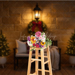 Lofaris Cozy Christmas Front Porch Photography Backdrop Stone Wall with Bench and Wreath Holiday Mini Session Background