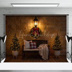 Lofaris Cozy Christmas Front Porch Photography Backdrop Stone Wall with Bench and Wreath Holiday Mini Session Background