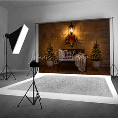 Lofaris Cozy Christmas Front Porch Photography Backdrop Stone Wall with Bench and Wreath Holiday Mini Session Background