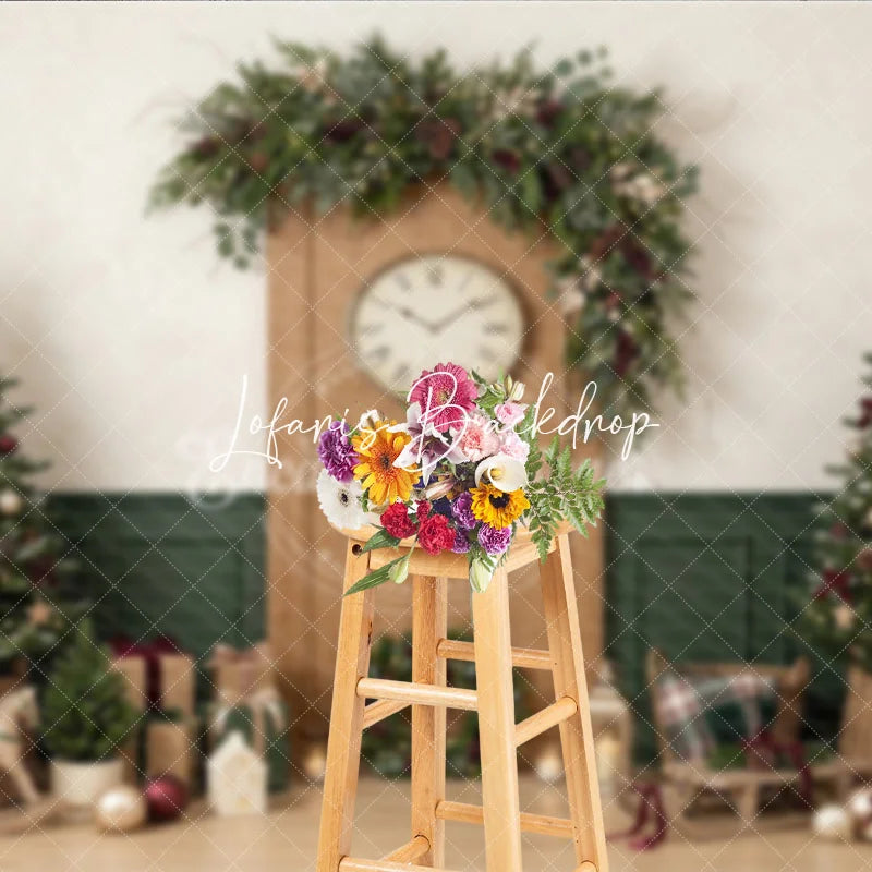 Lofaris Cozy Christmas Holiday Backdrop with Decorated Trees Festive Garland Clock and Gifts for Winter Celebrations