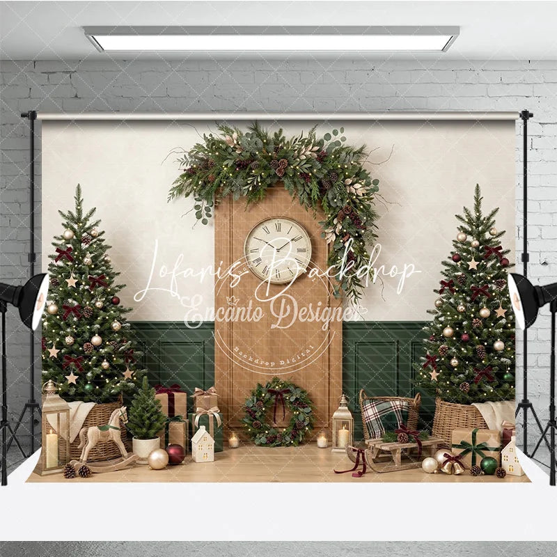 Lofaris Cozy Christmas Holiday Backdrop with Decorated Trees Festive Garland Clock and Gifts for Winter Celebrations