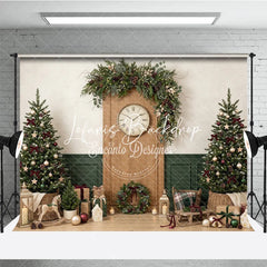 Lofaris Cozy Christmas Holiday Backdrop with Decorated Trees Festive Garland Clock and Gifts for Winter Celebrations