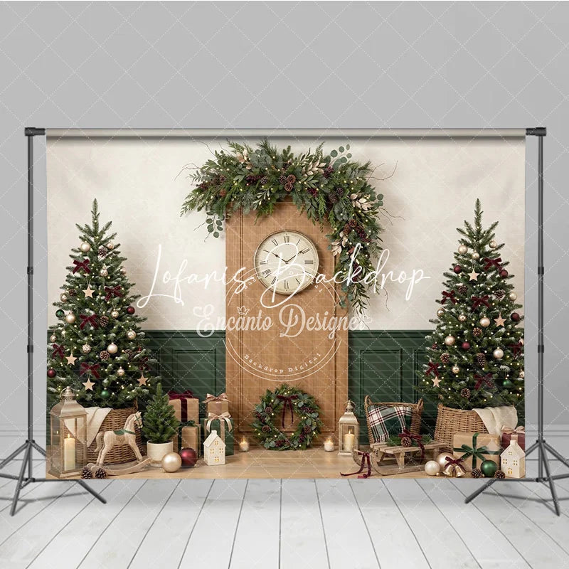 Lofaris Cozy Christmas Holiday Backdrop with Decorated Trees Festive Garland Clock and Gifts for Winter Celebrations