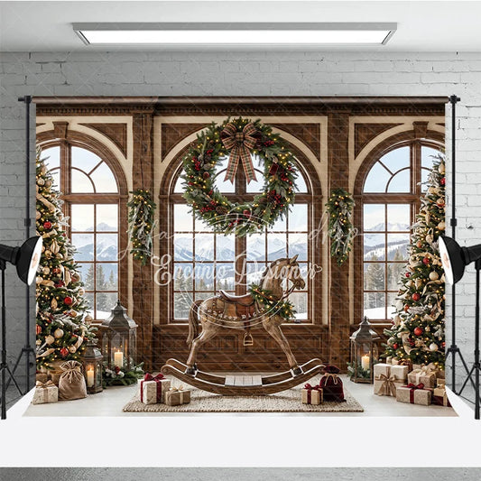 Lofaris Cozy Christmas Holiday Backdrop with Decorated Trees Rocking Horse and Snowy Mountain View