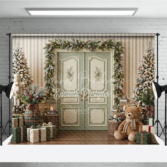 Lofaris Cozy Christmas Holiday Backdrop with Flocked Trees Nutcracker Teddy Bear Gifts Decor