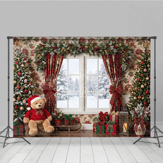 Lofaris Cozy Christmas Holiday Backdrop with Snowy Window Decorated Trees and Festive Plaid Gifts for Winter Celebrations.